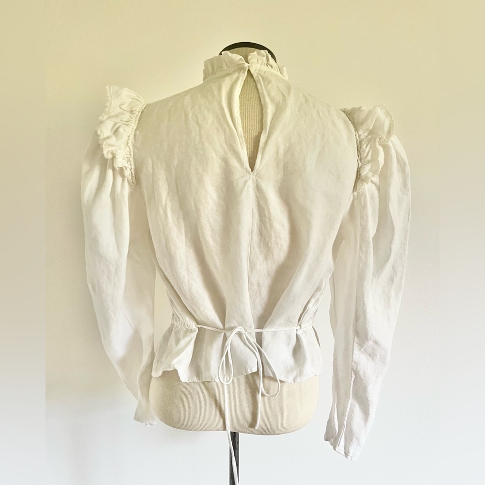 MNG White Linen Smocked Blouse Puff Sleeve Ruffle Neck Vintage-Inspired Crop Top - Picture 4 of 8